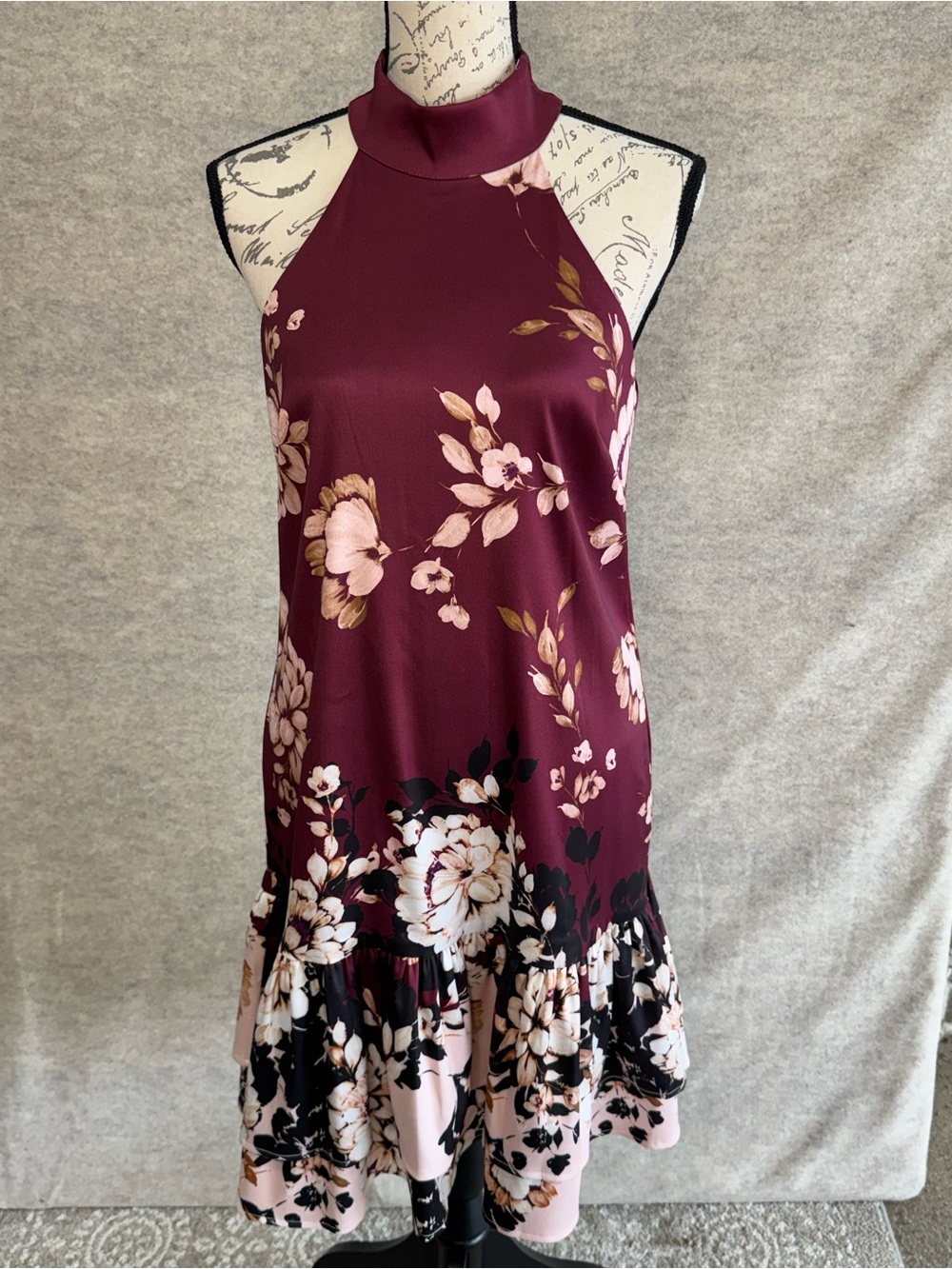 Belle Badgley Mischka Floral Halter Ruffle Dress Burgundy Sz 4 Dark Romance NWT